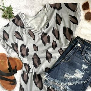 Leopard Tee with Striped Sleeve Cuffs